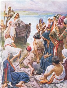 Christus predigt vom Boot, Illustration aus Harold Copping Bilder: Die Kronenserie, ca. 1920er Jahre von Harold Copping