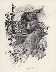 Mann küsst eine Frau in einem Garten (Lithografie) von Harrison Fisher
