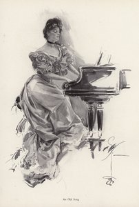 Frau spielt ein Lied auf einem Klavier (Lithografie) von Harrison Fisher
