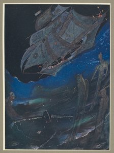 Eine Illustration, die ein Schiff auf See und Fische darunter zeigt. von Harry Clarke