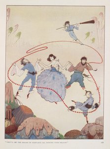 "Sie werden das Reich der Feen zum Tanzen bringen". Illustration für Alms im Herbst von Rose Fyleman. Figuren tanzen in der Luft.