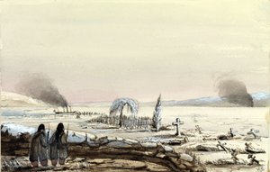 Der Friedhof in Kinburn (Ukraine, Russland) 1855. Die HMS Tribune schneidet die gefrorenen Gewässer des Dnepr ab