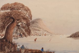 Ansicht einer Küstenstadt mit Baum und Figuren im Vordergrund von Harry Edmond Edgell