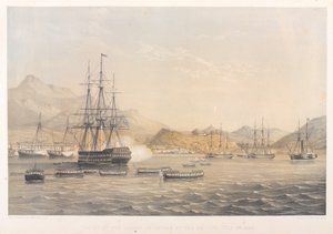 Die Einnahme der Insel Chusan durch die Briten, 5. Juli 1840 (farbige Lithographie)