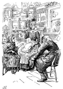 Mr. Riah und Miss Wren bei den Six Jolly Fellowship Porters, 1912 von Harry Furniss