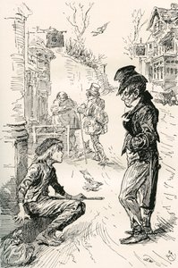 Oliver trifft auf den gerissenen Gauner. "Hallo, mein Freund, was ist los?" sagte dieser seltsame junge Herr zu Oliver. "Ich bin sehr hungrig und müde," antwortete Oliver; die Tränen standen ihm in den Augen, als er sprach. "Ich bin einen langen Weg gegang