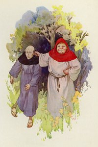 Bruder Tuck führte einen mager aussehenden, elenden Mönch am Ohr von Harry George Theaker