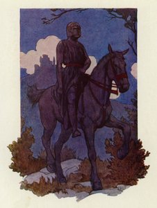 Der seltsame Ritter kam auf sie zu, ritt auf einem großen schwarzen Pferd und war ganz in Schwarz bewaffnet von Harry George Theaker