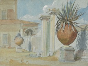 Villa Massimi, Rom: Tor flankiert von Palmen in großen Tonkrügen