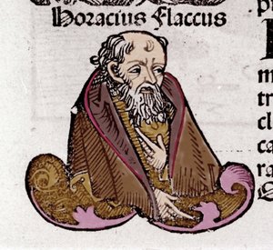 Porträt von Horaz (Quintus Horatius Flaccus) (65-8 v. Chr.), lateinischer Dichter. In „Liber Chronicarum“ von Hartmann Schedel. 1497 von Hartmann Schedel