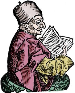 Der Historiker und Theologe Beda Venerabilis (673-735). Holzschnitt aus den „Chroniken von Nürnberg“ von Hartmann Schedel