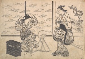 Zwei Frauen in einem Raum, der sich zu einer Veranda öffnet, ca. 1730