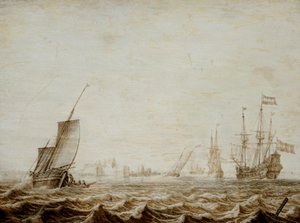 Ein Wijdschip senkt das Segel in einer stürmischen See, Mitte des 17. Jahrhunderts