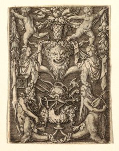 Ornament mit Maske und grotesken Figuren