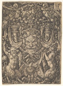 Ornamentales Design mit einer Maske und einem Adler zwischen zwei Faunen unten, 1549