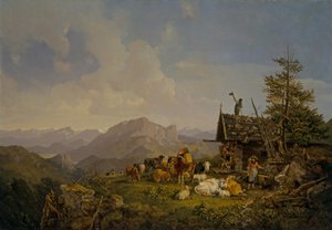 Landschaft in Oberbayern mit Hirten und ihrem Vieh, das an einer Hütte rastet