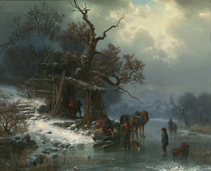 Winterlandschaft mit Figuren auf einem zugefrorenen Fluss, 1867