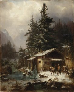 Winterlandschaft mit Figuren, die sich in der Nähe einer Wassermühle ausruhen, 1866