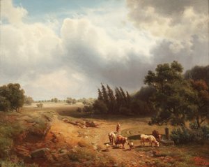 Waldlandschaft mit einer Schäferin und ihrem Vieh