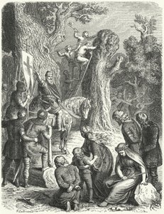 Karl der Große befiehlt das Fällen der Irmensäule, heiliger Baum der Sachsen, 772 (Stich)