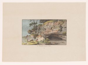 Ansicht eines Hirten mit Ziegen neben einer Höhle bei Montcherand