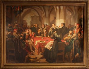 Religionsgespräch im Marburger Schloss 1869 mit Rahmen von Heinrich Stürzl
