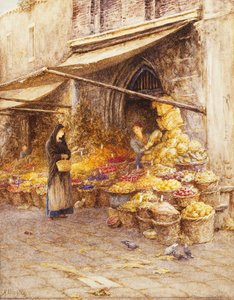 Ein Obststand am Fuße des Campanile, San Giovanni Elemosinario, in der Nähe des Rialto, Venedig von Helen Allingham