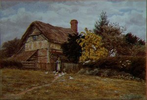 Laburnum Cottage: eine Frau, die Enten füttert von Helen Allingham
