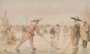 Eine Winterszene mit zwei Herren beim Colf-Spiel