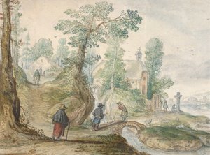 Eine bewaldete Flusslandschaft mit einer Kirche und Figuren, ca. 1613