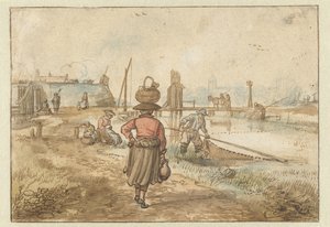 Flusslandschaft mit einer Frau, die einen Korb auf dem Kopf trägt, Fischern und anderen Figuren nahe den Stadtmauern von Hendrick Avercamp