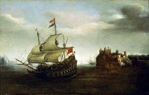 Ein niederländisches Boot segelt in der Nähe eines Schlosses, nahe einer felsigen Küste von Hendrick Cornelisz Vroom