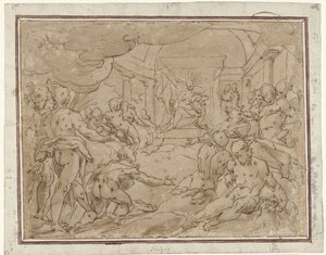 Phaëton bittet Apollo um den Sonnenwagen von Hendrick Goltzius (school of)