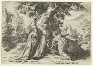Töchter des Cecrops öffnen den Korb von Minerva von Hendrick Goltzius (workshop of)