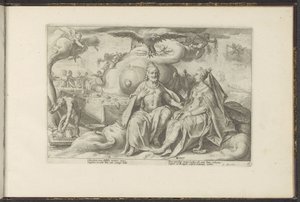 Jupiter und Juno diskutieren über die Frage, bei welchem Geschlecht die Lust in der Liebe größer ist von Hendrick Goltzius (workshop of)