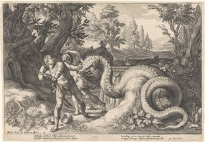 Gefährten von Kadmos von einem Drachen verschlungen von Hendrick Goltzius (workshop of)