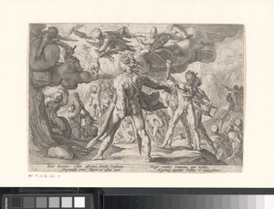 Kampf zwischen den Göttern und den Giganten von Hendrick Goltzius (workshop of)