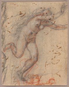 Eine nackte weibliche Figur flieht nach rechts mit ausgestreckten Armen, mit Skizze einer Büste einer sekundären Figur (recto); Eine Skizze einer nackten, knienden weiblichen Figur, unterstützt von einer anderen stehenden (verso)