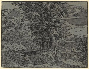 Landschaft mit sitzendem Paar und Hirte, Blatt 2 der Folge „Vier kleine Landschaften“ von Hendrick Goltzius
