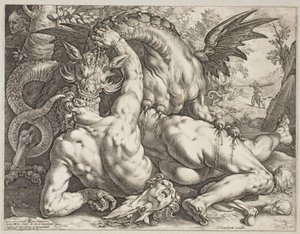 Der Drache verschlingt die Gefährten von Kadmos