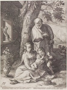 Die Heilige Familie mit dem kleinen Johannes dem Täufer, Platte sechs aus Die Geburt und das frühe Leben Christi von Hendrick Goltzius
