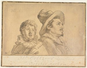 Zwei Männer, möglicherweise Jan Matthijs Ban und Philips van Winghe (recto). Junge mit Hut, zur Hälfte. In seinen Armen hält er einen toten Greis (verso)