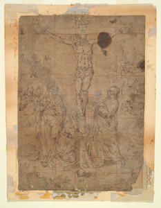 Christus am Kreuz zwischen der Jungfrau und St. Johannes mit Szenen der Passion im Hintergrund von Hendrick de Clerck