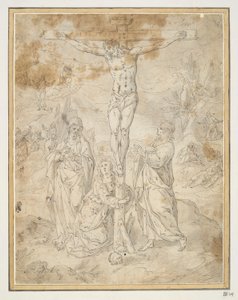 Christus am Kreuz zwischen der Jungfrau und St. Johannes mit Szenen der Passion im Hintergrund von Hendrick de Clerck