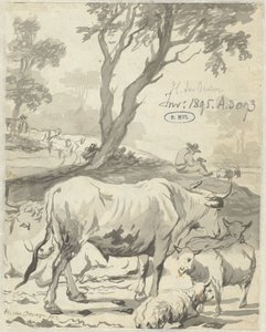 Hirte mit Kühen und Schafen unter einem Baum