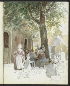 Dorfstraße mit einem Brunnen und Figuren von Hendrik Abraham Klinkhamer
