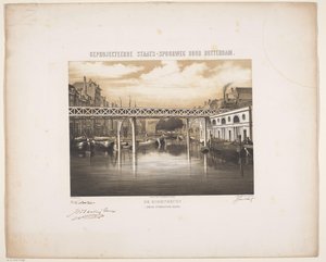 Ansicht der Korenbeurs in Rotterdam mit Zukunftsvision einer Eisenbahnlinie