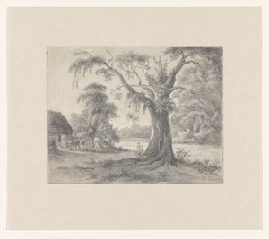 Landschaft mit einem Baum und Hütte mit Pferd und Wagen und zwei Figuren