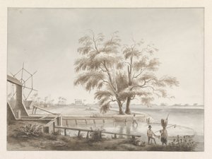 Ansicht einer Plantage mit einer Schleuse links von Hendrik Huygens