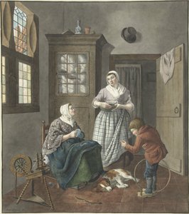 Interieur mit nähender Frau, Dienstmädchen und spielendem Jungen von Hendrik Jan van Amerom